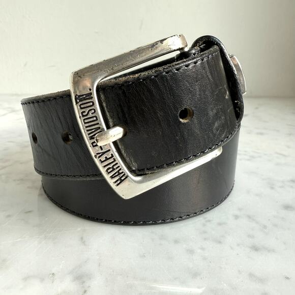 Harley-Davidson Black Leather Belt Silver Buckle Made in USA - Picture 2 of 9